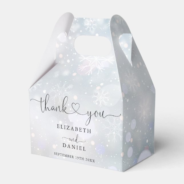 Elegant Heart Script Winter Snowflakes Wedding Favor Box (Front Side)