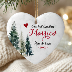Elegant Heart Shaped First Married Christmas Ceramic Ornament