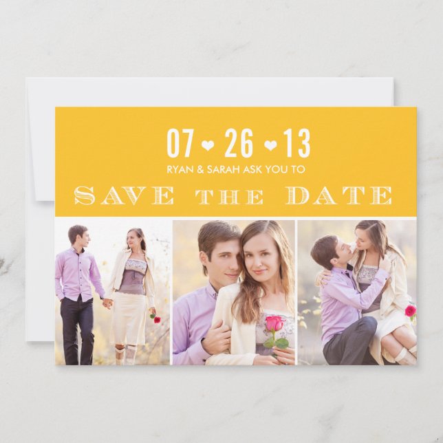 Elegant Heart Yellow Save the Dates with Photos Date (Front)