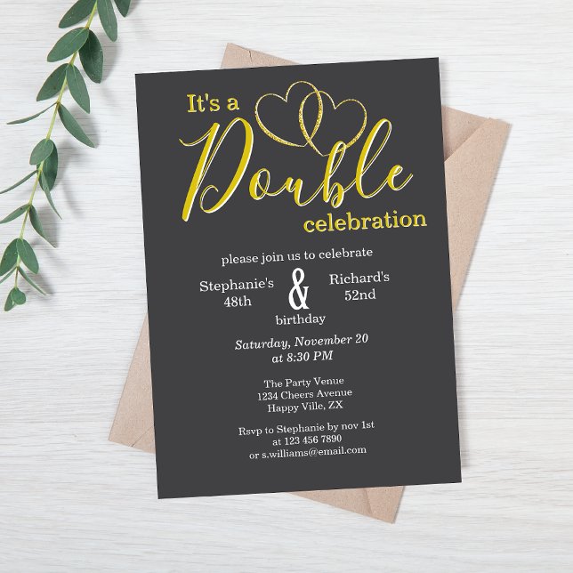 Elegant Hearts Black Gold Joint Birthday Invitation (Creator Uploaded)