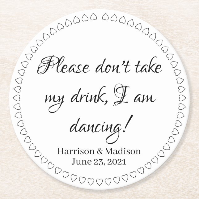 Elegant hearts custom text names date wedding round paper coaster (Front)