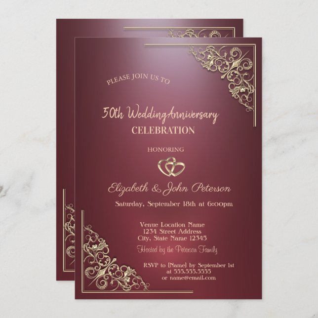 Elegant Hearts Frame Dark Red Wedding Anniversary Invitation (Front/Back)