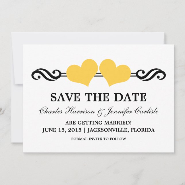 Elegant Hearts Save the Date Invite, Yellow Invitation (Front)