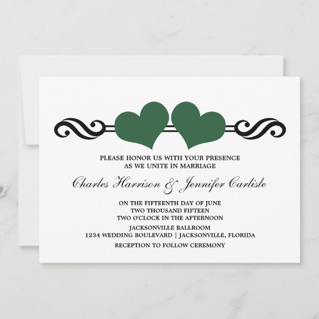 Elegant Hearts Wedding Invitation, Green Invitation (Front)