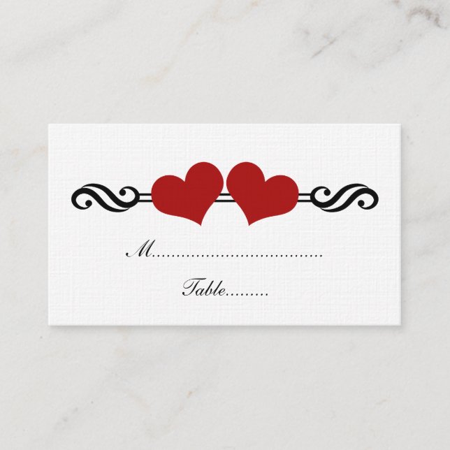 Elegant Hearts Wedding Place Card, Red Place Card (Front)