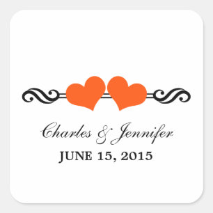 Elegant Hearts Wedding Stickers, Orange Square Sticker