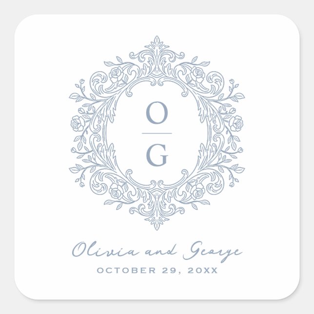 Elegant Heirloom Dusty Blue Wedding Monogram Square Sticker (Front)