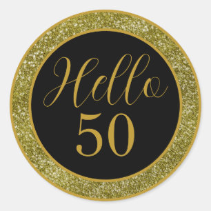 Elegant Hello 50 Birthday Black Gold Glitter Classic Round Sticker