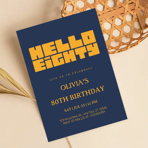Elegant Hello Eighty Navy Blue 80th Birthday Invitation