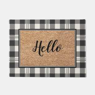 Elegant Hello Faux Coir Buffalo Plaid Design Doormat