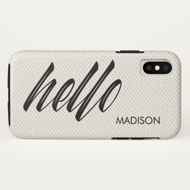 Elegant Hello Script Name Beige Faux Canvas Case-Mate iPhone Case (Back (Horizontal))