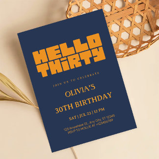 Elegant Hello Thirty Navy Blue 30th Birthday Invitation