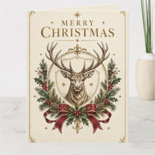 Elegant Heraldic Christmas, Stag Crest and Holly Card