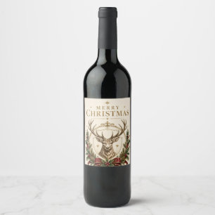 Elegant Heraldic Christmas, Stag Crest and Holly Wine Label