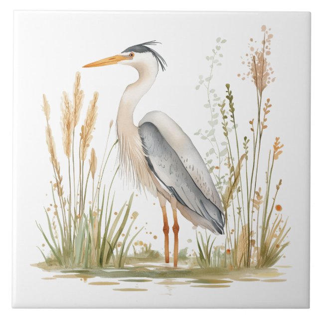 Elegant Heron Lake and Rushes Tile (Front)