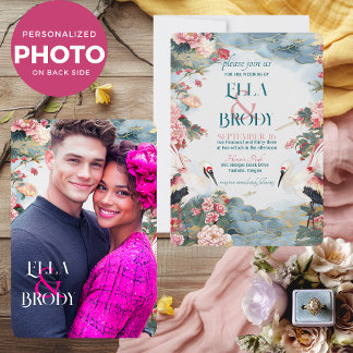 Elegant Heron Peonies with Custom Photo Wedding Invitation