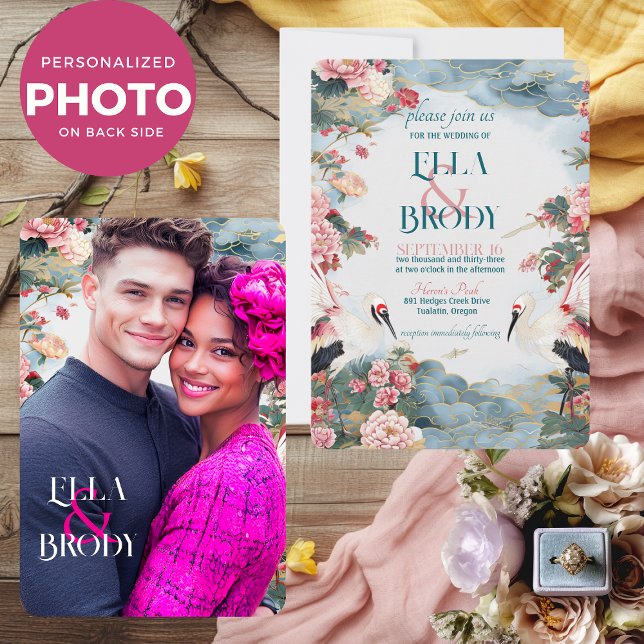 Elegant Heron Peonies with Custom Photo Wedding  Invitation (Creator Uploaded)