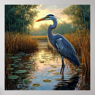 🌿 Elegant Heron Wetlands Misty Swamp Nature Scene Poster