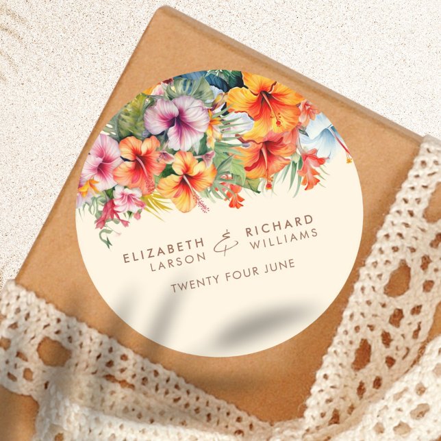 Elegant Hibiscus Flower Tropical Floral Wedding Classic Round Sticker (Creator Uploaded)