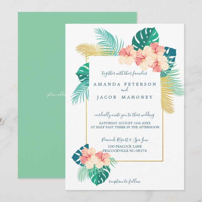 Elégant Hibiscus hawaïen Invitations de mariage (Devant / Derrière)
