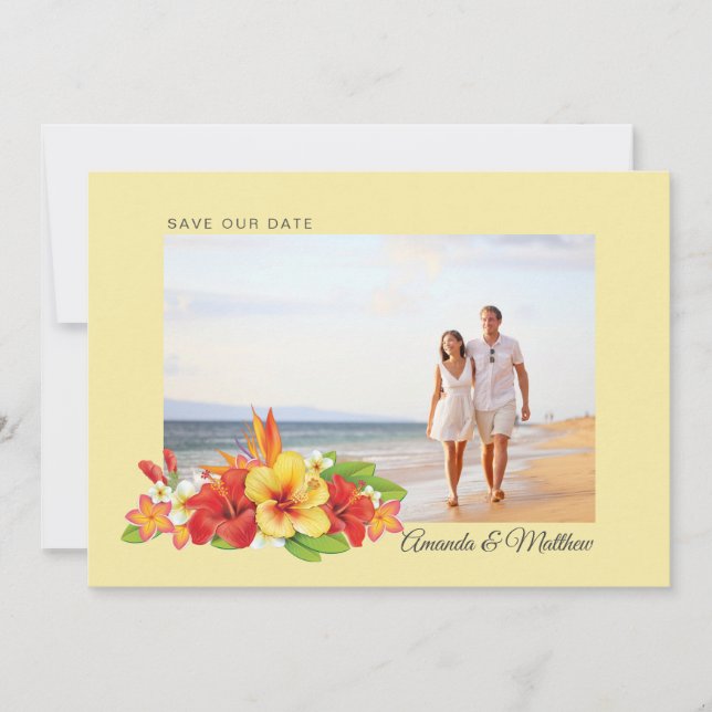 Elegant Hibiscus Tropical Floral Photo Wedding Save The Date (Front)