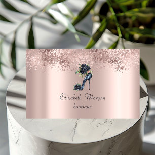 Elegant High Heels Black Roses Glitter Rose Gold Business Card
