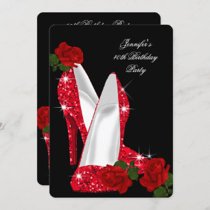 Elegant High Heels Red Rose Black Birthday Party Invitation