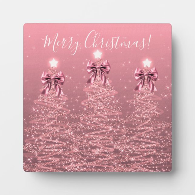 Elegant Holiday Blush Pink Christmas Trees Bows Plaque (Front)