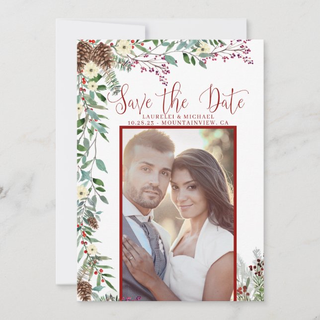 Elegant Holiday Branches Save the Date Photo (Front)
