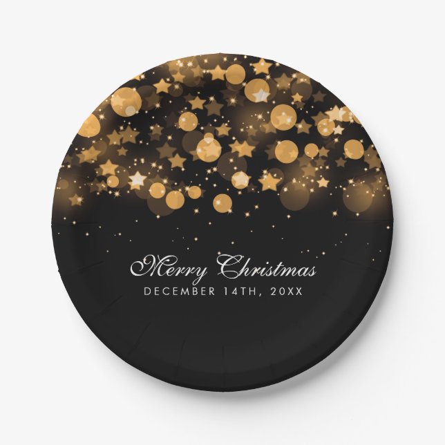 Elegant Holiday Christmas Gold Sparkling Stars Paper Plate (Front)