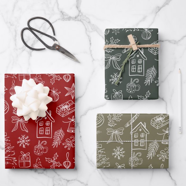 Elegant Holiday Doodles Wrapping Paper Sheet (Front)