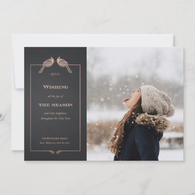 Elegant Holiday Faux Rose Gold Cardinals Photocard (Front)