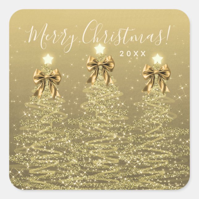 Elegant Holiday Gold Christmas Trees w/ Bows Square Sticker (Front)