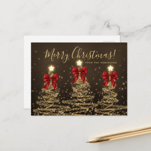 Elegant Holiday Gold Christmas Trees w/ Red Bows Postcard