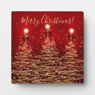 Elegant Holiday Gold Red Christmas Trees w/ Bows Plaque