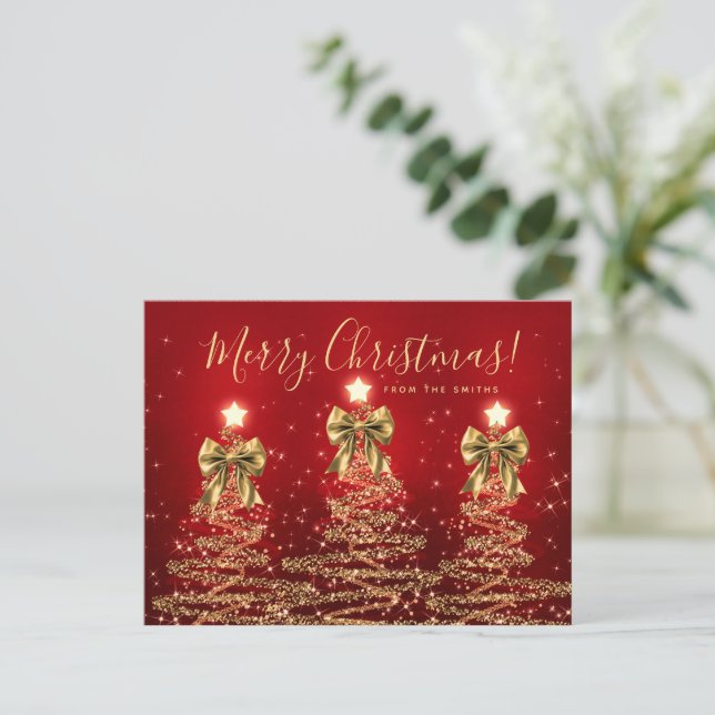 Elegant Holiday Gold Red Christmas Trees w/ Bows Postcard (Standing Front)