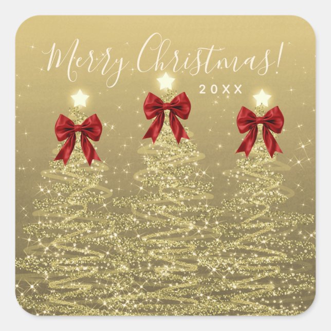 Elegant Holiday Gold Red Christmas Trees w/ Bows Square Sticker (Front)