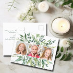 Elegant Holiday Greenery Family 3 Photo Modern Postcard<br><div class="desc">This elegant botanical Christmas postcard features a pretty three photo template for your family or children. Personalize the chic greenery frame with your own 3 square pictures in the centre. Customize with your own green text for a beautiful,  modern holiday postcard.</div>