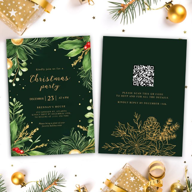 Elegant Holiday Greenery QR Code Christmas Party Invitation (Elegant Holiday Greenery QR Code Christmas Party I Invitation)