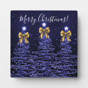 Elegant Holiday Navy Christmas Trees Bows Gold Plaque