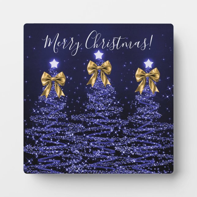 Elegant Holiday Navy Christmas Trees Bows Gold  Plaque (Front)
