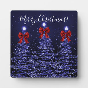 Elegant Holiday Navy Christmas Trees Bows Red Plaque