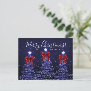 Elegant Holiday Navy Christmas Trees Red Bows Postcard