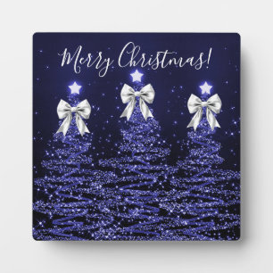 Elegant Holiday Navy Christmas Trees Silver Bows Plaque