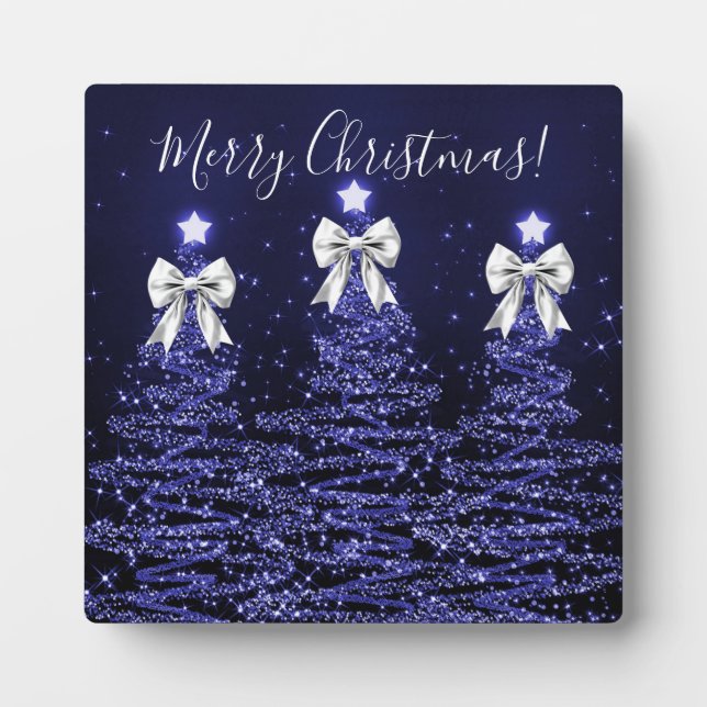 Elegant Holiday Navy Christmas Trees Silver Bows Plaque (Front)