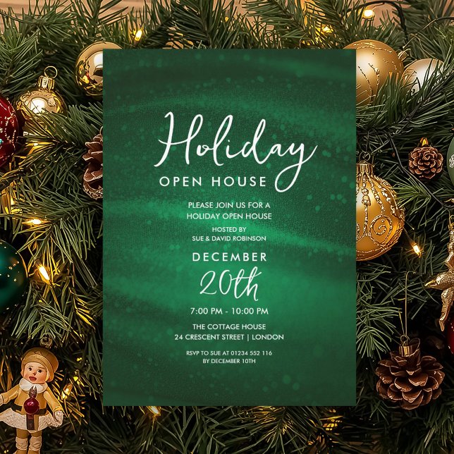 Elegant Holiday Open House Green Sparkle Glam Invitation (Elegant Holiday Open House Green Sparkle Glam Invitation)