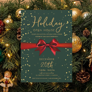 Elegant Holiday Open House Red Bow Green  Invitation