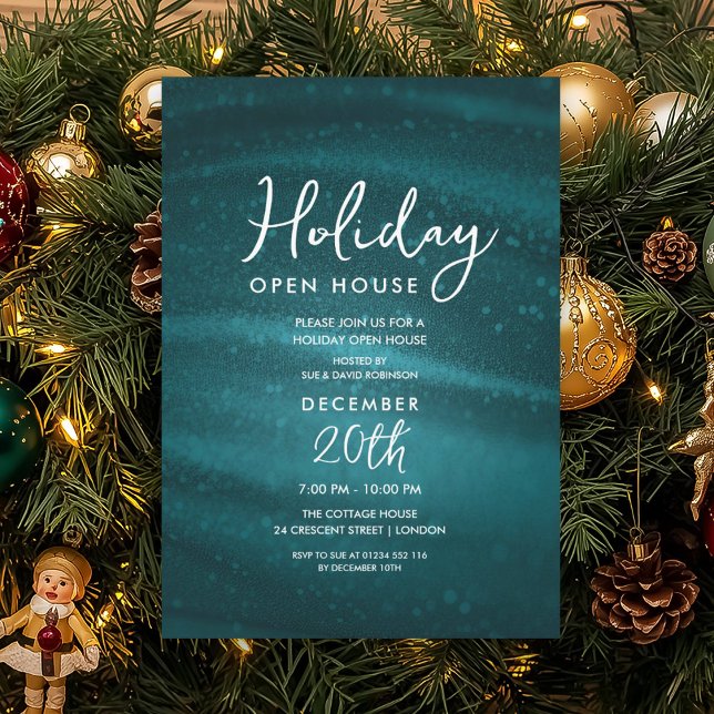 Elegant Holiday Open House Teal Sparkle Glam Invitation (Elegant Holiday Open House Teal Sparkle Glam Invitation)