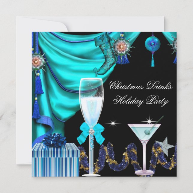 Elegant Holiday Party Christmas Blue White Drinks Invitation (Front)