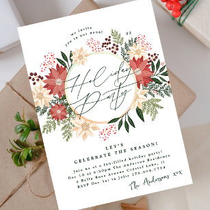 Elegant Holiday Party Poinsettia Wreath Splendour Invitation